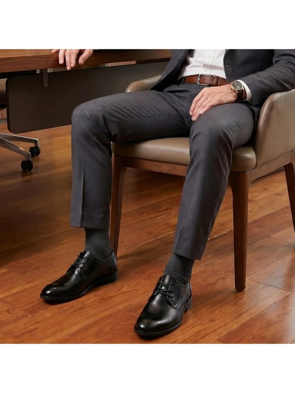 Men's Dark Polished Leather Rounded Toe Formal Business Derby Oxfords Shoes